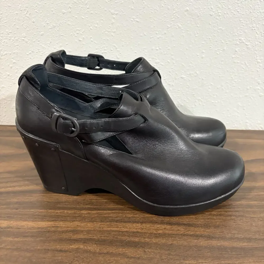 Dansko Franka Womens Sz 41‎ US 10.5 11 Strappy Wedge Clog Black Leather Bootie